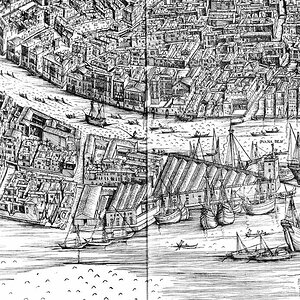 Jacopo de'Barbari Stadtansicht um 1500
entnommen dem Buch von Norbert Huse: "Venedig, Von der Kunst, eine Stadt im Wasser zu bauen" , Verlag C.H. Beck