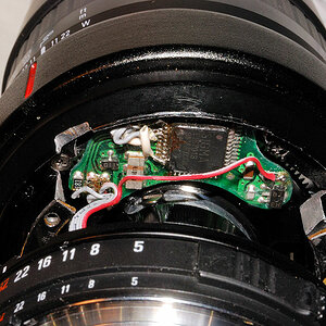 Reparatur des abgerissenen Brennweitengeberflexikabels
an meinem alten Sigma AF 170-500/5-6.3 APO Zoom.
Neuanschluss der selbst zurechtgefeilten CPU-P