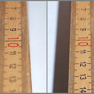 Erster Vergleich mit 90mm f/5.6 1/200s Blitz aus der Hand:
Links ohne Tilt&Shift, rechts mit maximalem Tilt&Shift