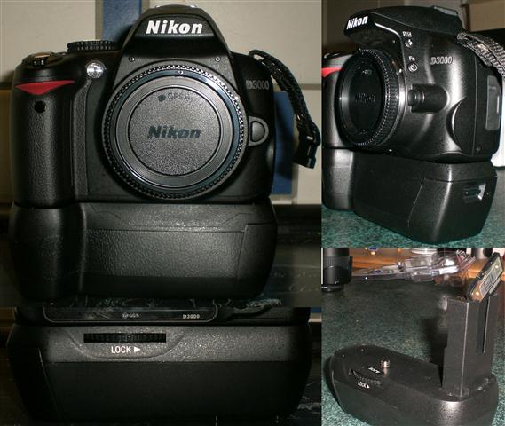 Batteriegriff Hähnel HN-D60 an Nikon D3000
(Fasst 2 Akkupacks oder 6 AA-Batterien/Akkus)
Unten rechts: "Verstaufach" für Batterieklappe