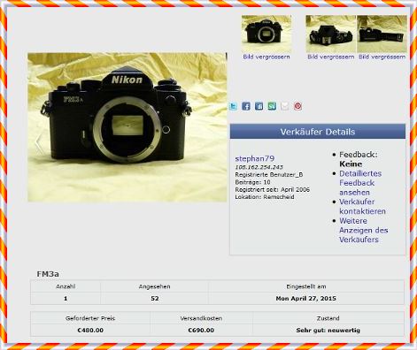 Biete eine kaum genutzte Nikon FM3a.

Verkauf erfolgt wegen Nichtnutzung.
Orginalverpackung ist leider nicht mehr vorhanden, die Kamera befindet sich 