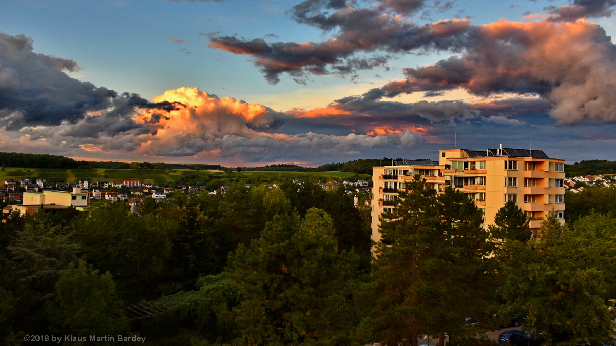 Blaue Stunde kurz vor Sonnenuntergang am 13.8.2018
Blick auf den Waldpark und die Weinberge von Eisingen