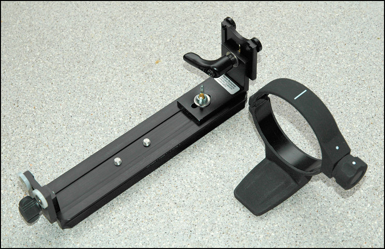 Burzynski Telestütze für das Nikkor 200-400/4. Rechts daneben Sigma TS-21 Objektivschelle.