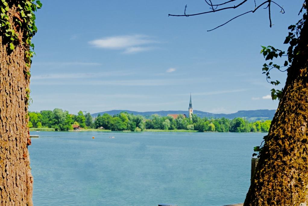 Chamer Kirche im Hintergrund, Bäume als Rahmen, aufgenommen vom Hünenberger Bootshafen