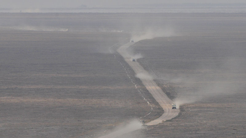 Die Kurzgrassteppe der Serengeti Plains, auf der sich im
Februar über eine Millionen Gnus tummeln, ist
im August nur eine staubige Ebene.
Die Autos zi