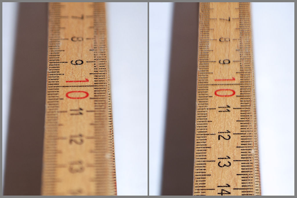 Erster Vergleich mit 90mm f/5.6 1/200s Blitz aus der Hand:
Links ohne Tilt&amp;Shift, rechts mit maximalem Tilt&amp;Shift
