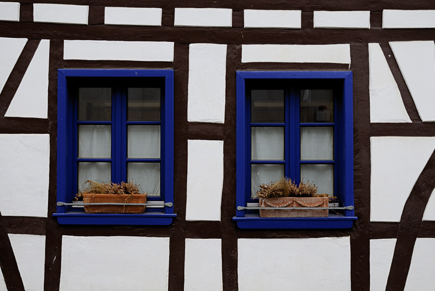 Fachwerk mit blauen Fenstern