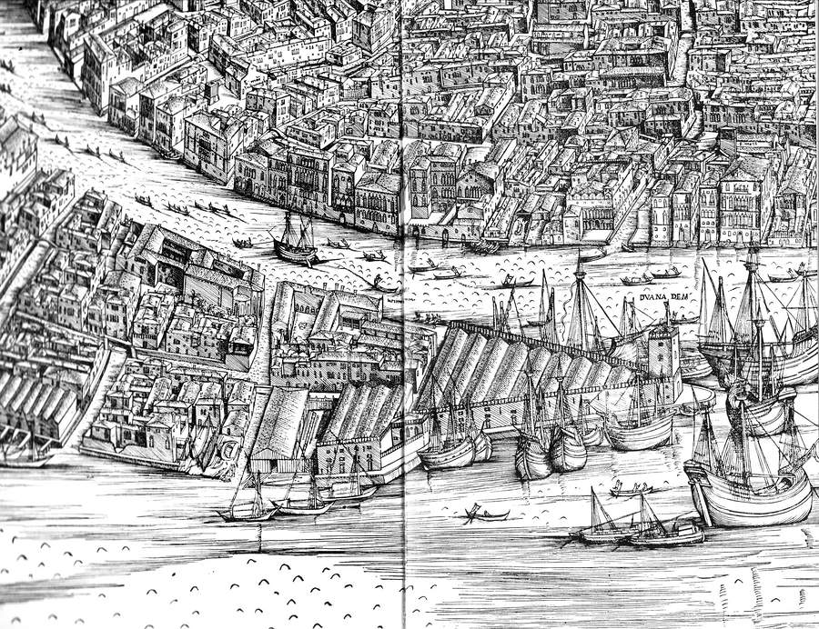Jacopo de'Barbari Stadtansicht um 1500
entnommen dem Buch von Norbert Huse: "Venedig, Von der Kunst, eine Stadt im Wasser zu bauen" , Verlag C.H. Beck