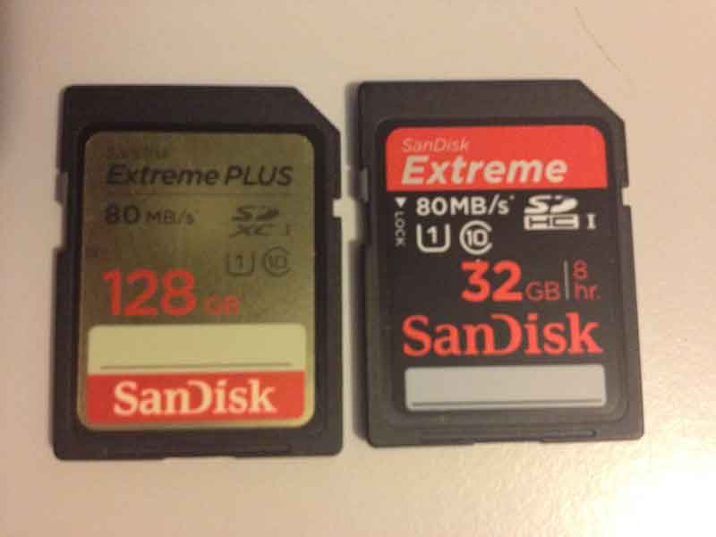 Meine Speicherkarten, Sandisk 128 Extreme plus und 32 GB Extreme.