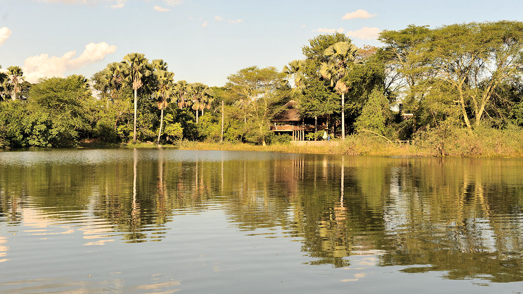 Mvuu Lodge am Shire
Zwischen den Bäumen ist das Restaurantgebäude zu sehen.