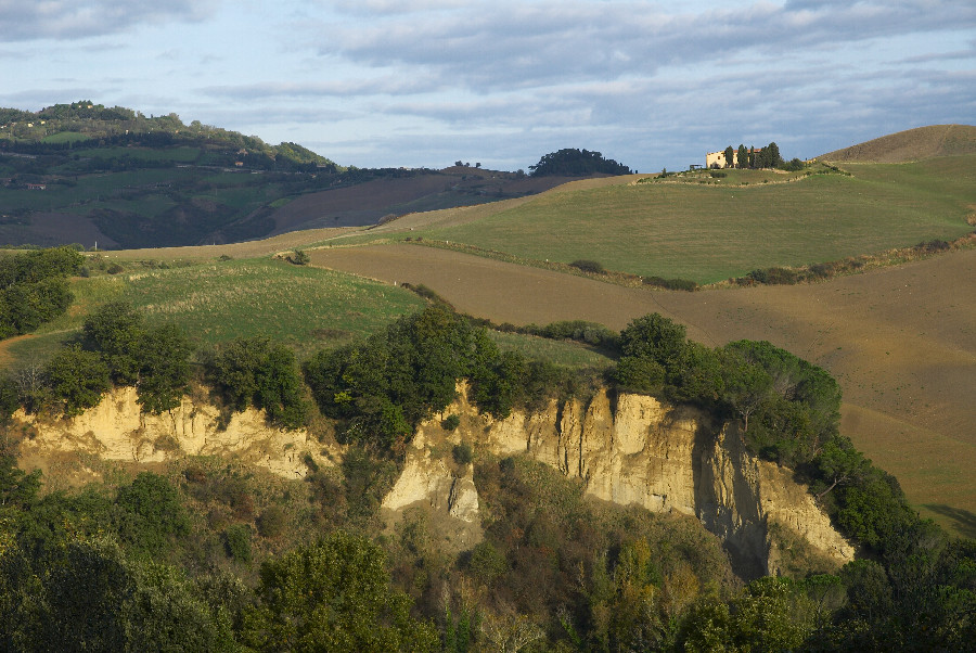 Toskana bei Volterra, 1. November 2008, morgends kurz vor 9 Uhr. Nikon D200, Zoom-Nikkor 3.5-5.6/16-85 AF-S G VR DX. Brennweite 55 mm, Blende 8, 1/320