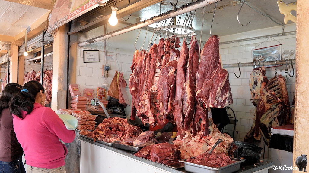 Das Bild zeigt eine Fleischteheke von den Abmessungen eines Garagentores. An S-förmigen Fleischhaken hängen große, rote Fleischbrocken. Darunter sind silberne Schüsseln mit kleinen Stücken und Mett. An der Linken Seite sind abgepackte Wiener Würste. Zwei Frauen im rosa Pullover stehen davor.