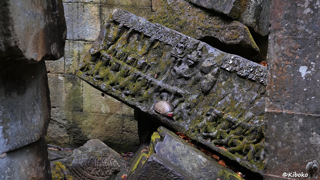 Das Bild zeigt einen Türsturz auf einem Steinhaufen. Darauf ist ein Relief mit kleinen Figuren. In der Mitte ist unten eine Schildkröte mit roten Lippen.
