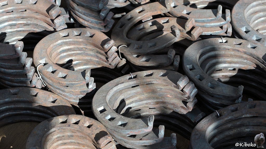 Das Bild zeigt mehrere Stapel angerosteter Hufeisen. Jeweils vier sind durch Bindfäden zusammengebunden.