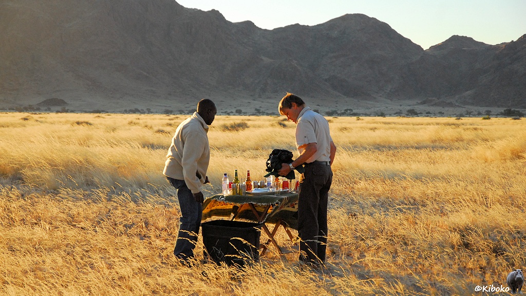Zwei Männer bauen auf einer trockenen Grasebene einen Tisch mit Getränken auf.