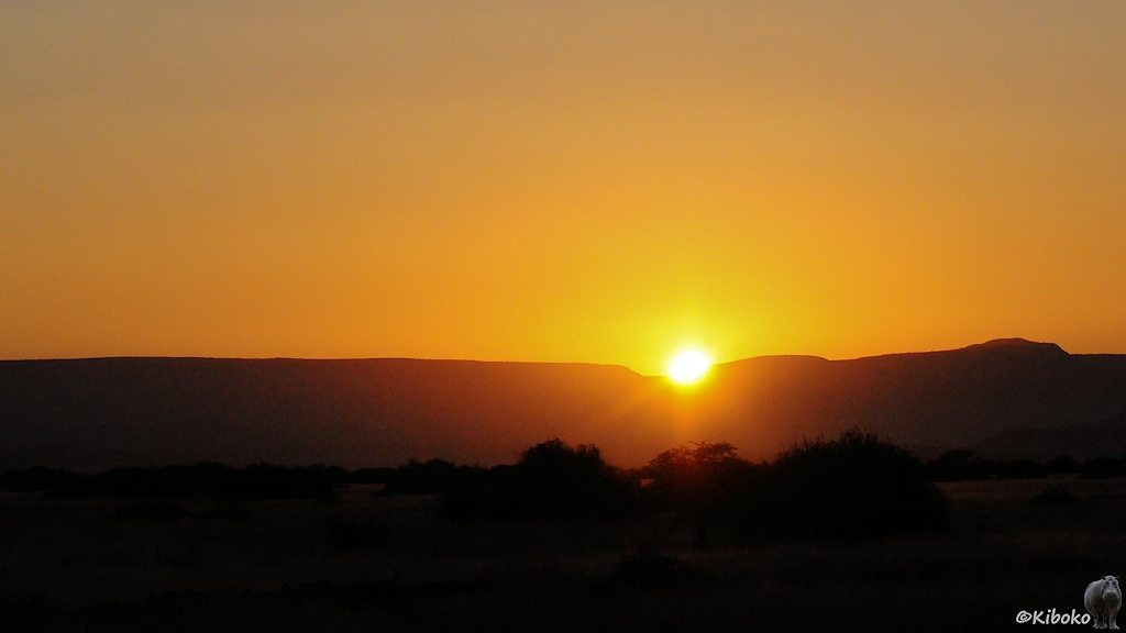 Die Sonne schiebt sich über eine schwarze Bergkette. Der Himmel ist orange.