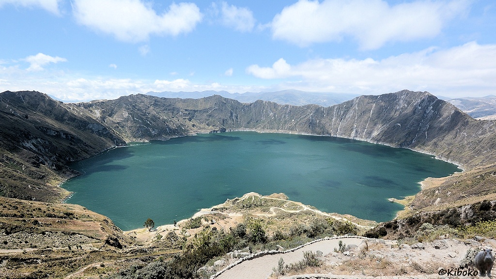 Das Bild zeigt einen türkisfarbenen Kratersee schräg von oben. Eine steile Felswand umrandet den See. Im Vordergrund verschwindet ein breiter Weg, abwärtsführender Weg hinter einem Felsen.