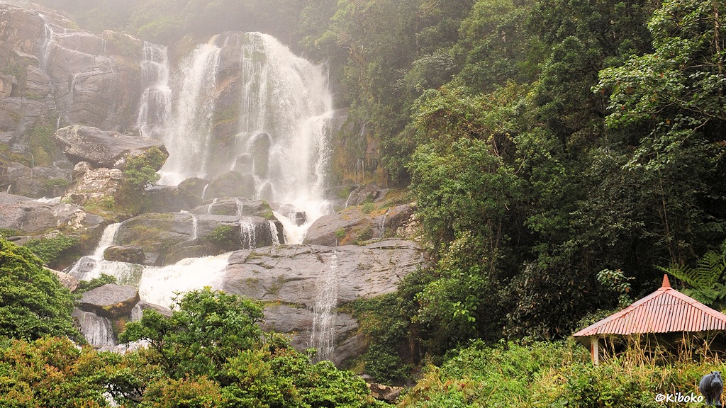 Das Bild zeigt einen Wasserfall der in zwei Hauptströmen über einen hohen Felsen fällt. Zwischen kleineren Felsen fällt das Wasser über weitere kleine Stufen. Am rechten Bildrand steht eine einfache Schutzhütte.