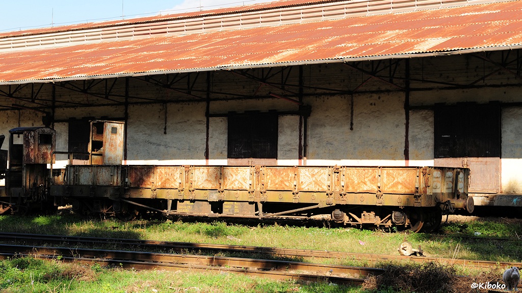 Das Bild zeigt einen verachsigen Flachwagen mit niedrigen, grauen und verrosteten Seitenwänden, sowie ein offenes, Bremserhaus. Dahinter ist der Güterschuppen mit verrosteten Toren und rostigem Dach.