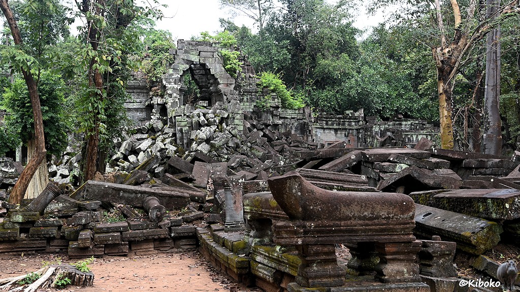 Das Bild zeigt die Ruine eines Eingangstores mit einem Haufen aus grauen Steinquadern. Im Vordergrund liegen Platten einer Terasse übereinander.