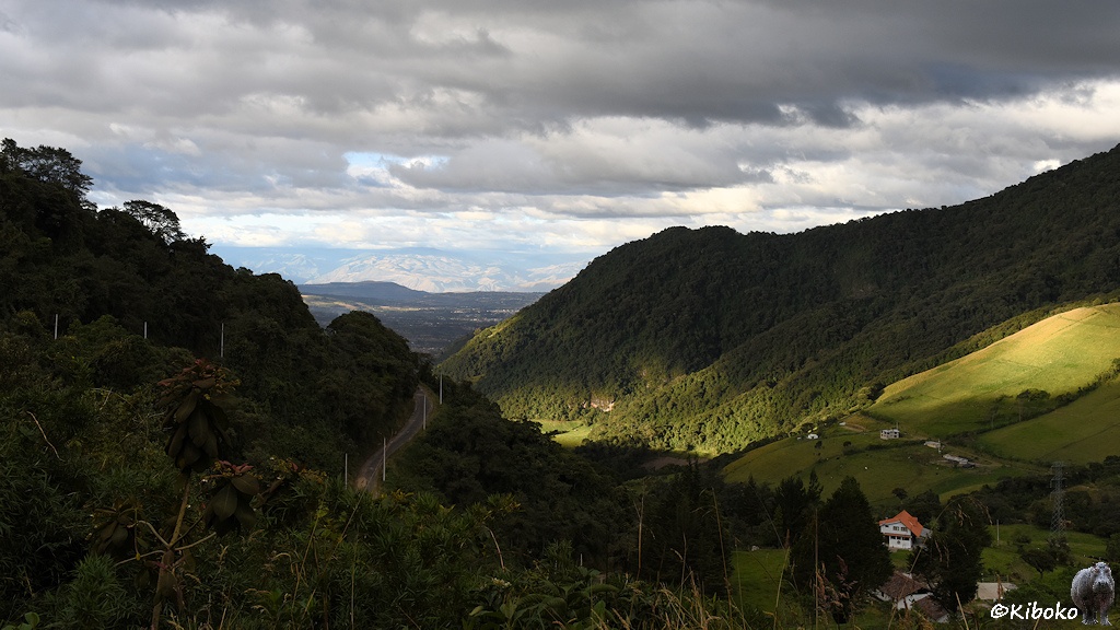 Das Bild zeigt ein Tal zwischen bewaldeten Hängen. Eine Straße läuft im Bogen am linken Berghang. Im Tal ist ein weißes Haus mit rotem Dach zwischen Wiesen. Im Hintergrund weitet sich das Tal.