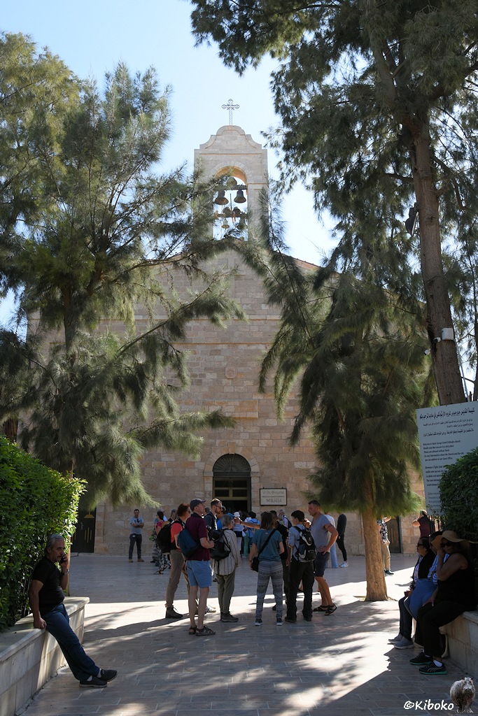 Kirchenportal zwischen Nadelbäumen 