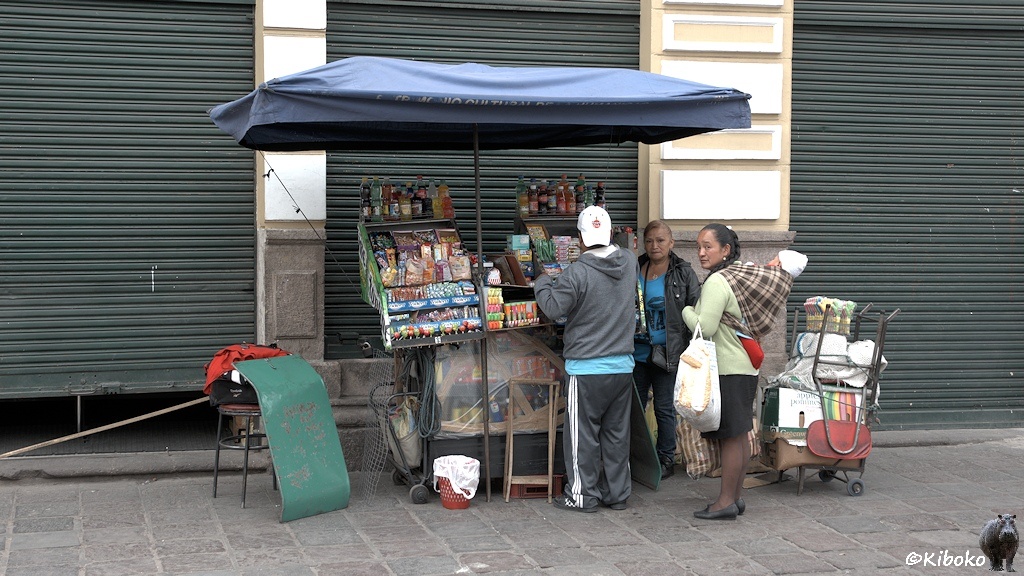 Das Bild zeigt einen Mann von hinten und zwei Frauen an einem mobilen Verkaufsstand mit Limoflaschen, Schnökerkram und Süßigkeiten unter eiem blauem Schirm. Eine Frau hat ein Kleinkind mit einem Tuch auf den Rücken gebunden.