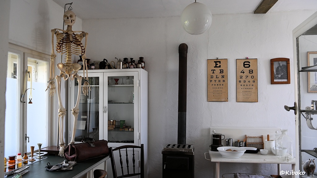 Das Bild zeigt die Innenansicht einer Arztpraxis. Links steht ein Arbeitstisch vor dem Fenster. Darauf stehen ein Skelett, ein rotbrauner Arztkoffer und ein Blutdruckmessgerät. Im Hintergrund steht ein Schrank mit kleinen Flaschen und Tisch mit Waschschüssel. Im Hintergrund steht ein Holzofen. An der Wand hängen zwei Tafeln mit Buchstaben und Ziffern die von oben nach unten immer kleiner werden.