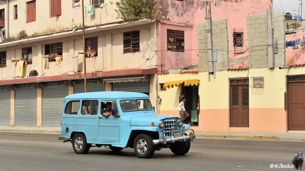 Das Bild zeigt einen hellblauen Geländewagen mit drei Sitzreihen.