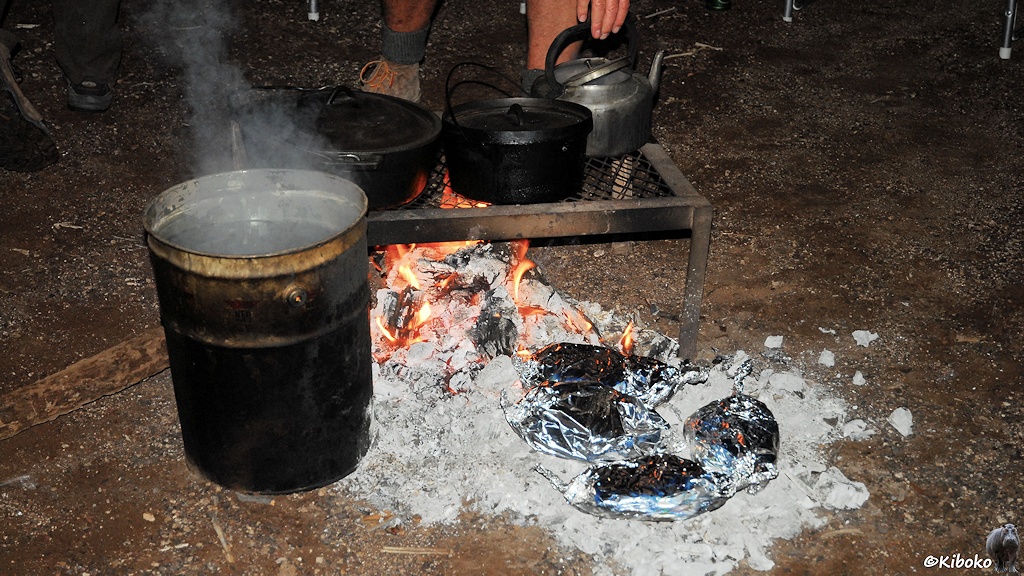 Töpfe stehen auf einem Gestell über dem Lagerfeuer. Im Feuer garen in Alufolie gewickelte Hühnchen. In einer Tonne köchelt das Duschwasser.