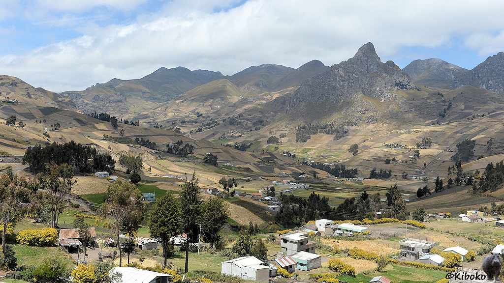 Das Bild zeigt eine Berglandschaft mit einem Tal. Im Vordergrund ist eine Ortschaft mit weit verteilten kleinen einstöckigen Häusern. Dazwischen sind kleine Felder und einzelne Nadelbaumgruppen. Im Hintergrund sind hohe Berge mit Felsspitzen.