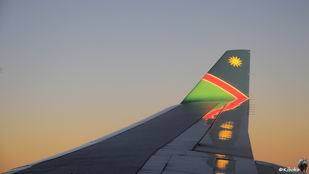 Die Flügelspitze mit der namibischen Nationalfahne wird von der tiefstehenden Sonne angestrahlt.