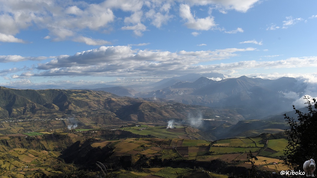 Das Bild zeigt eine eine Landschaft mit einem weiten Tal. Im Talboden sind Schluchten. Im Talboden sind gründ und gelbe Felder. Über einigen Feldern hängen Rauchfahnen. Im Hintergrund sind hohe Berge mit felsigen Spitzen. Der Himmel ist durch einzene Wolken dekoriert.